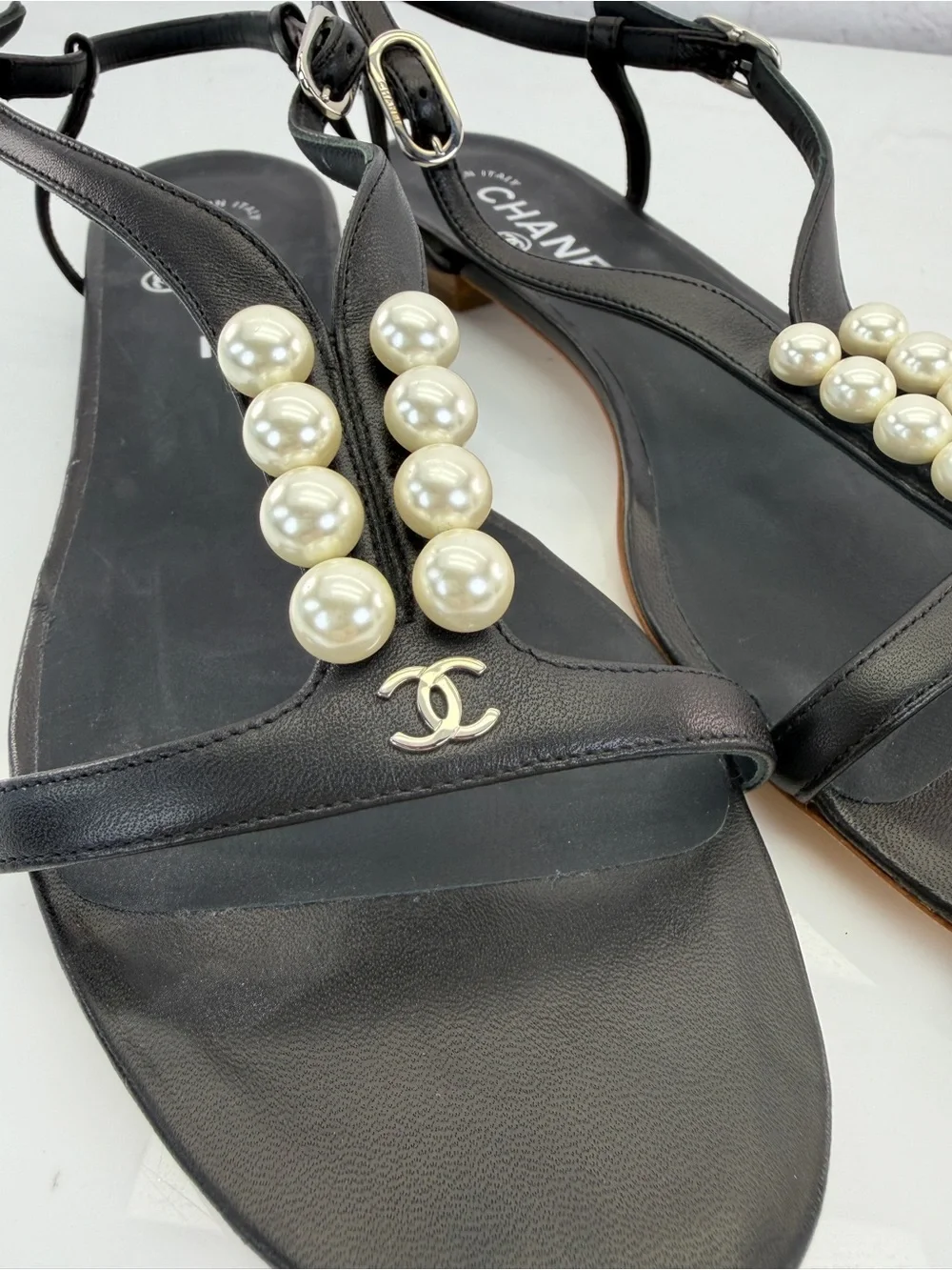 CHANEL Black Leather Pearl-Embellished T-Strap Sandals 38.5